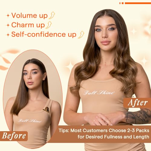 Image of Full Shine Butterfly Weft Hair Extensions Human Hair 20 Inch 50G | Mocha Brown with Golden Blonde Highlights, Seamless Micro Beads Weft, Silky Straight One Piece, Natural Fit Solution