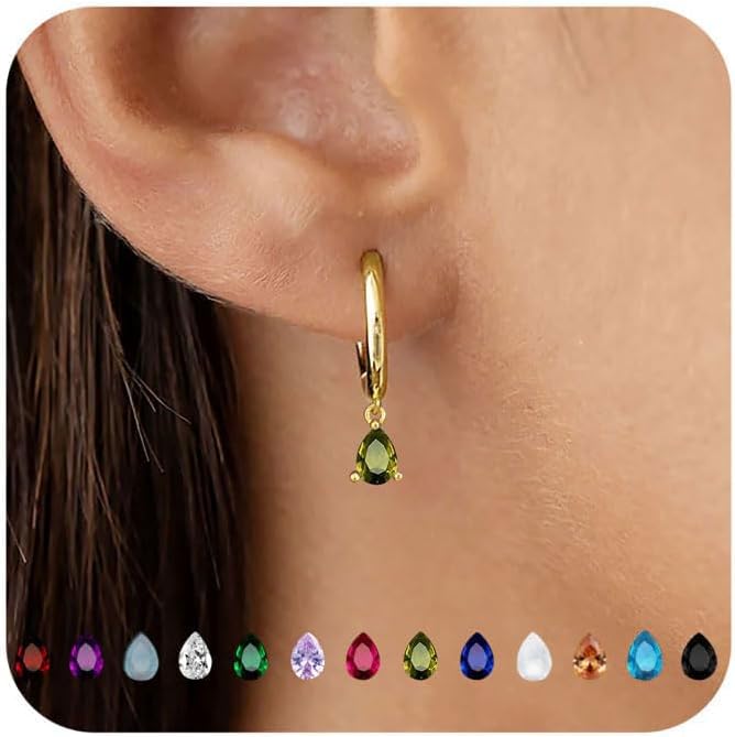 14K Gold Plated Birthstone Hoop Earrings for Women Hypoallergenic Dainty Small Diamond Emerald Green Blue Cubic Zirconia Drop Huggie Earrings for Mom Women Jewelry Birthday Gifts