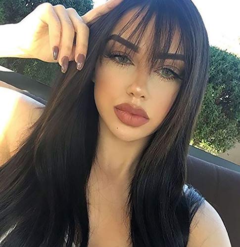 Long Black Straight Wigs for Women Wigs With Bangs Natural Synthetic Hair Wigs Heat Resistant Fiber Daily Party Full Wigs 24 Inch (Black)