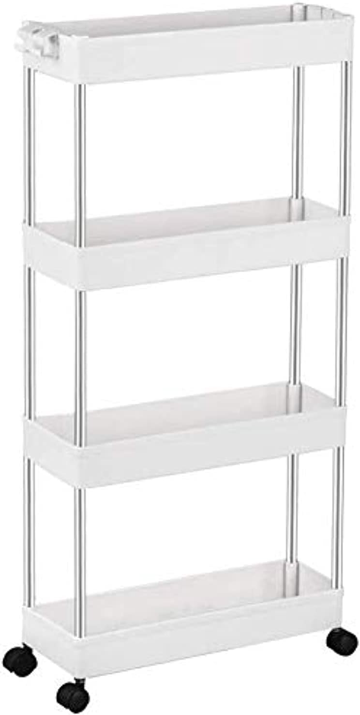 Slim 4 Tier Storage Cart Mobile Shelving Unit Organizer Slide Out Storage Rolling Utility Cart Tower Rack for Kitchen Bathroom Laundry Narrow Places