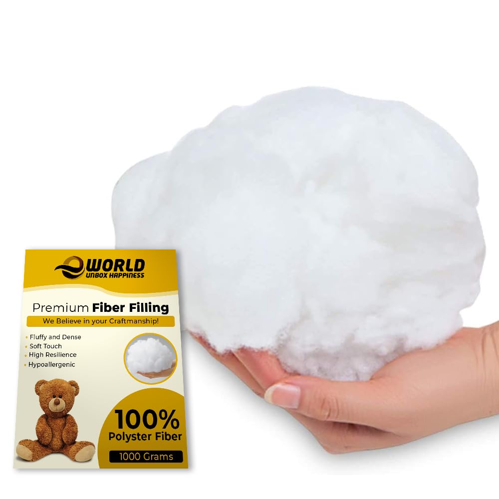 e World Polyfill Stuffing Polyester Fill - Premium White Polyester Fill – Pillow & Cushion Stuffing - High Resilience Fill Polyester for Stuffed Animal Crafts, Small Dolls (Grams) (1000)