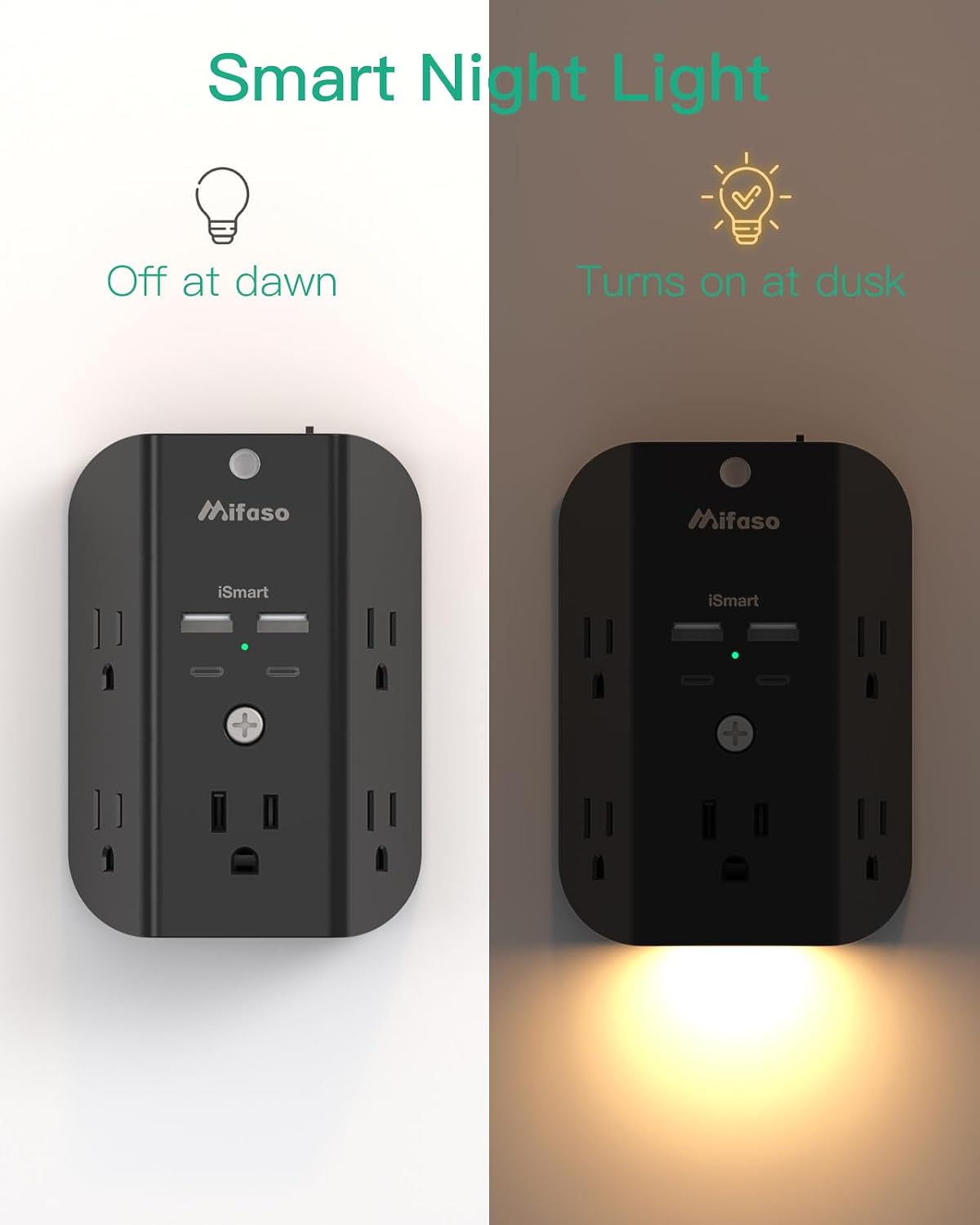 surge protector outlet extender with night light, 5-outlet splitter and 4 usb ports (2 usb c charger), multi plug wall outlet for home, dorm room essentials 2a2c no pd black