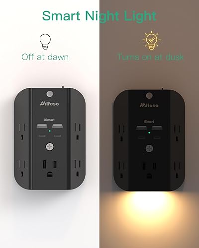 Miniatura 9 de Extensor de salida protector de sobretensiones, con luz nocturna, divisor de 5 salidas y 4 puertos USB (2 cargadores USB C), enchufes múltiples para