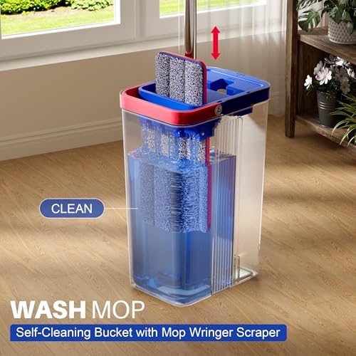 Image of JOYMOOP Mop and Bucket with Wringer Set, Hands Free Flat Floor Mop and Bucket, with 4 Washable Microfiber Pads, Wet and Dry Use, Floor Cleaning System - Black+Red+Slate Blue