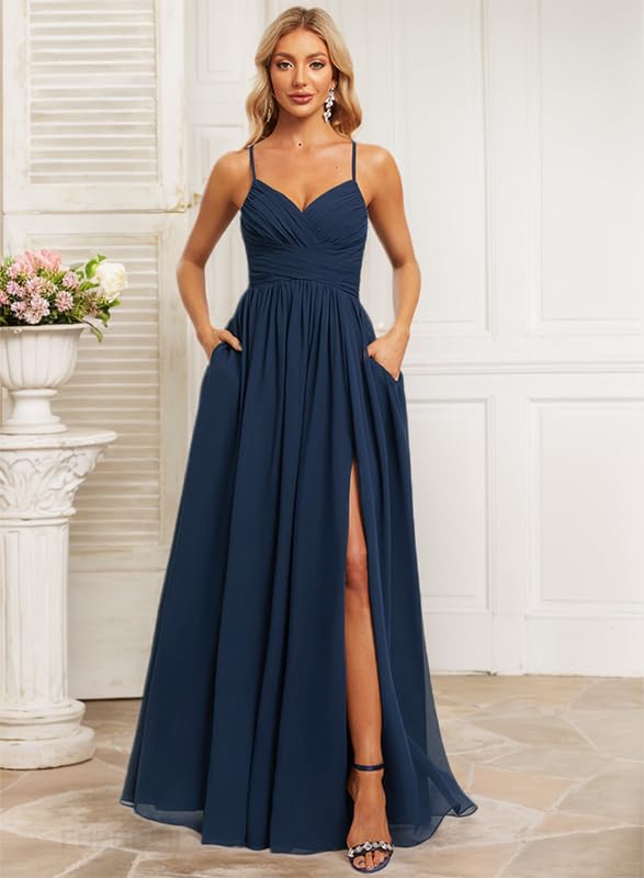 V Neck Chiffon Bridesmaid Dresses for Women Split Long Empire Waist Pleated Formal Dress with Pockets P1392
