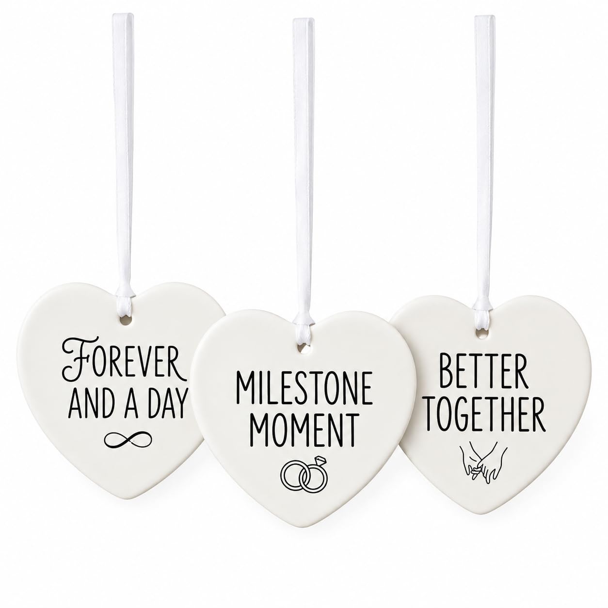 Voskilon Transparent Anniversary Ceramic Heart Ornaments Set, Forever And A Day Milestone Moment Better Together Hanging Ceramic Keepsakes With Ribbons, Gift For Couple
