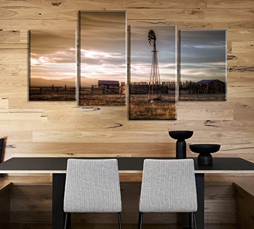Western Wall Decor - Rustic Windmill Pictures Wall Decor - Farmhouse Barn Wall Art - Western Plains Dusk Landscape Painting Canvas Print - Home Bedroom Living Room Wall Decorations, Framed Ready To Hang #TOP4