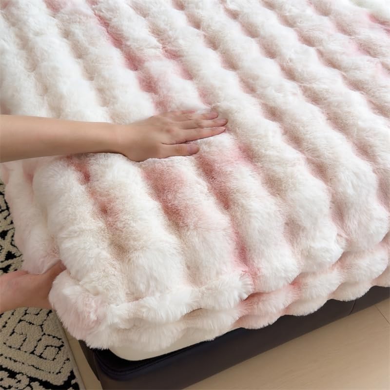 Milk Velvet Bedding Fitted Sheet Mattress Cover, Luxury Soft Fuzzy Bottom Sheet Velvet Fitted Faux Fur Bottom, Flannel Warm Tie Dyed Mattress Cover(Pink,King 70"x79")