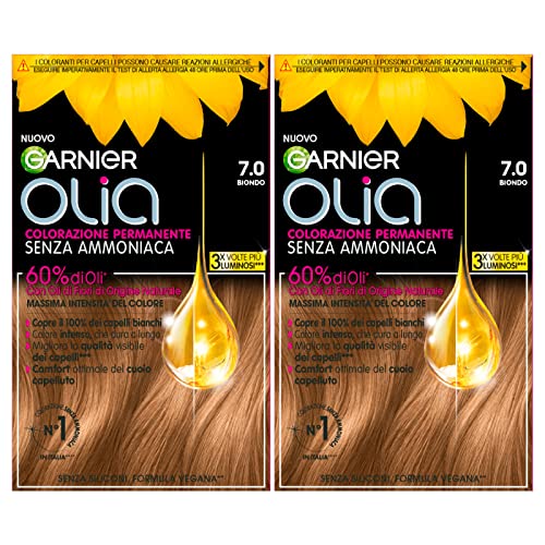 Garnier Olia Permanente Haarfarbe, ohne Ammoniak, Färbung mit Blütenölen natürlichen Ursprungs mit aufhellender und pflegender Wirkung, Farbe 7.0, Blond, 2 Packungen