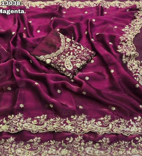 Image of DESTY Saree with Intricate Gold Embroidered Border & Designer Blouse