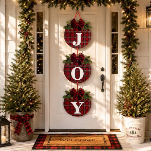 Fuutreo 3 Pcs Christmas Joy Door Sign, Wooden Plaid Decor with Velvet Bow