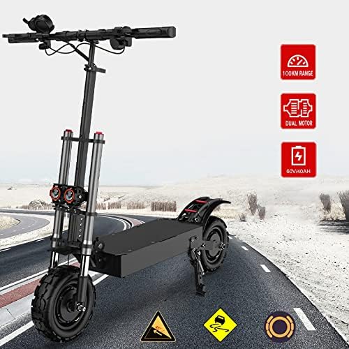 HWWH Off road Electric Scooter Adult Fast Folding E Scooter Escooter Powerful Dual Motor Dual Suspension 11In Vacuum Tubeless Tire 60V/40AH Panasonic Large Capacity Lithium Battery 100km Battery Life