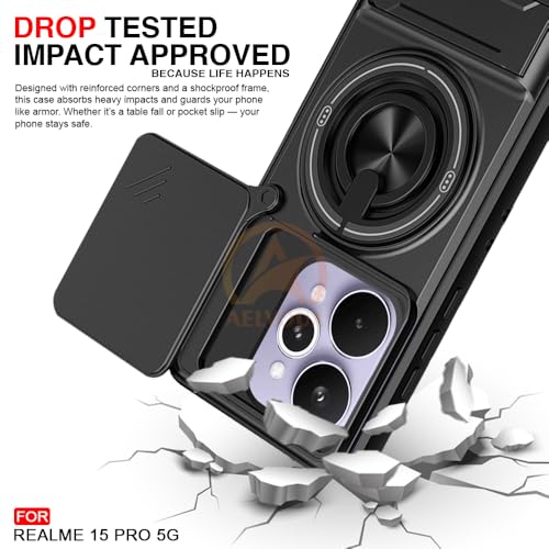 Image of Realme 15 5G / 15 Pro 5G Back Cover | Armor Camera Slider 360 Degree Rotating Finger Ring Holder Case with Bracket Stand Back Case Cover (Compatible with MagSafe Accessories) (Black)