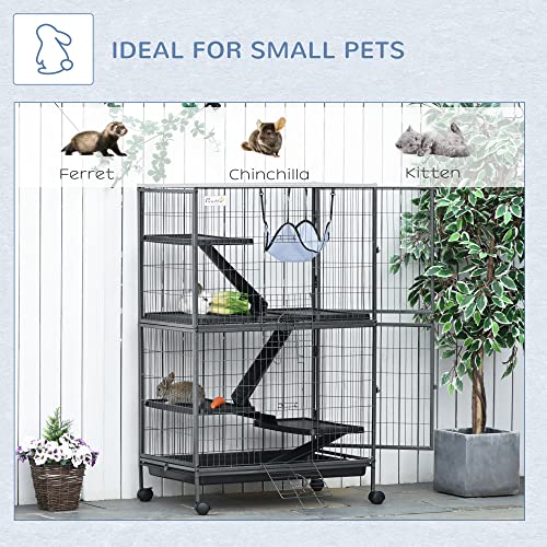 Pawhut 50" H Rolling Small Animal Cage With Hammock, Big Steel Ferret Cage, Chinchilla Cage, Sugar Glider Cage, With 4 Doors, Removable Tray #TOP3