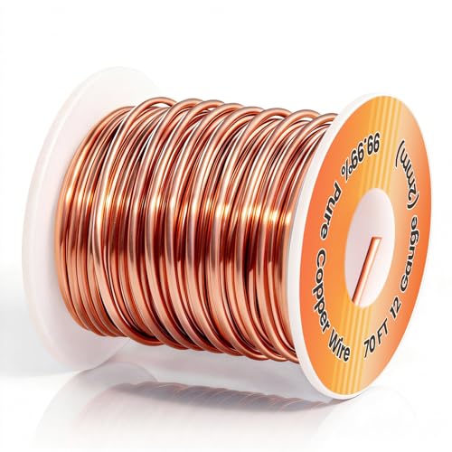 12 Gauge 99.99% Solid Bare Copper Wire 70 FT Sturdy & Flexible Dead Soft 1.32 LBS Spool Pure Copper Wire for Jewelry Making Electroculture Gardening Powder Coating.. Easy to Bend & Cut