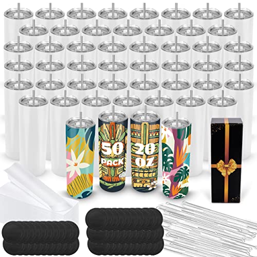 Joyclub 50 Pack Sublimation Tumblers Blank 20 oz Straight Skinny bulk for Heat transfer Double Wall Insulated Tumbler with Lids Straw Rubber Bottoms Individually Gift Boxed and Shrink Wrap Films