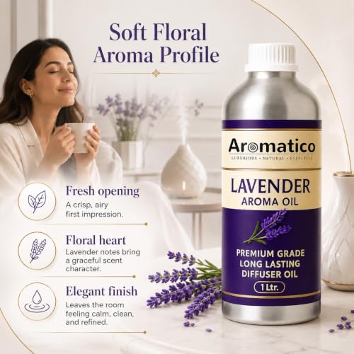 Image of AROMATICO Lavender Diffuser Oil with Strong, Long-Lasting Aroma. Premium Aroma Oil for Homes, Offices & Showrooms. Aromatherapy, Diffusers, Air Purifiers, Vaporizers - 1 L (1000 ml)