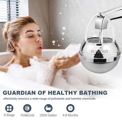 Image of FLYMOOO Bath Filter for Tub, Bathtub Faucet Water Filter with 8 Stages & 2,500 Gallons of Filtration to Reduce Contaminants for Softer, Smoother Skin (Silvery)
