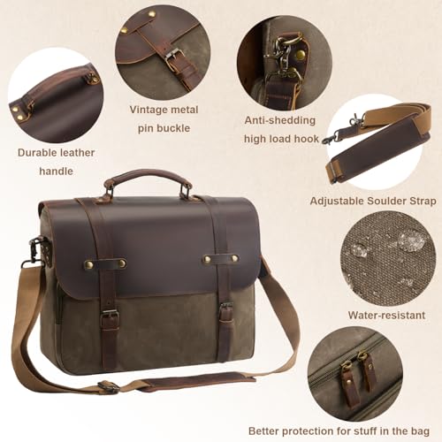 Mens Messenger Bag Waxed Canvas Laptop Briefcase 15.6“ Vintage Genuine Leather Crossbody Bags Waterproof Satchel Shoulder Bag4