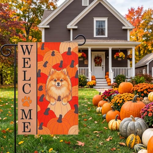 Image of Pomeranian Flag for Yard Outdoor, Pumpkins Fall Decor
