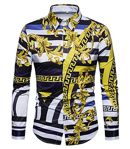 Versaces Men Shirt Leisure Palace Wind Digital Striped Print Long Sleeve Shirt, Black Yellow, L