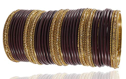 Image of NMII Glass With Zircon Gemstone Studded Worked and Ball Chain Or Plane Gloosy Finished Bangles Set For Women and Girls