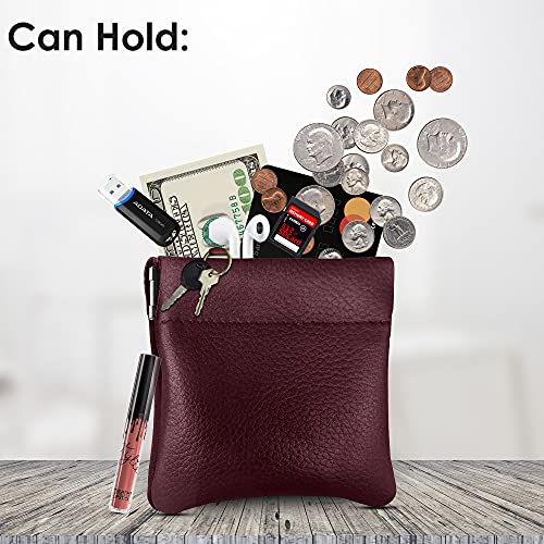 Image of Classic Leather Squeeze Coin Purse change Holder For Men, Pouch size 3.5 in X 3.25 in. high, Burgundy