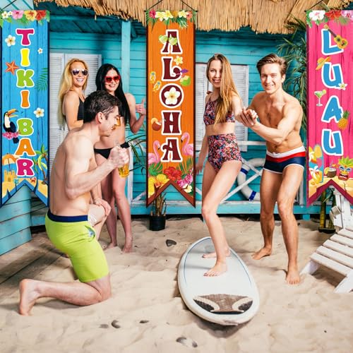 Image of Chiisong 3 Pcs Hawaiian Banners Aloha Luau Porch Sign Tiki Bar Hanging Flag Tropical Welcome Sign Summer Beach Pool Party Decorations Photo Props Backdrop for Outdoor Door Wall Yard Birthday Camping