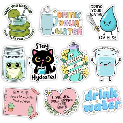 Image of MAIANEY (3in) Funny Drink Water Reminder Stickers 10Pcs - Hydration Quote Vinyl Stickers for Water Bottles, Laptop, Tablet, Desk, Planner, Tumbler, Cup, Mug, Vehicle