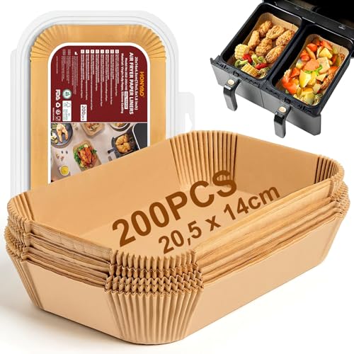 HONYAO 200 Stück Backpapier für Heißluftfritteuse Dual Zone 20 5x14 cm Rechteckig Airfryer Papier Zubehör kompatibel mit Air Fryer Doppelkammer 7 6L-8L-8 5L-9L-9 5L-10L und Ninja Double Stack xl