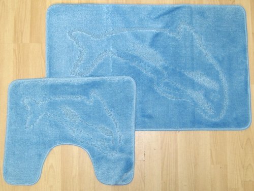 Artistic Fashionista 2Pcs Luxury DOLPHIN DESIGN Bath Set Non Slip and Absorbable 100% Polypropylene Washable Pedestal Mat and Bath Mat Bathroom Rug (Sky)