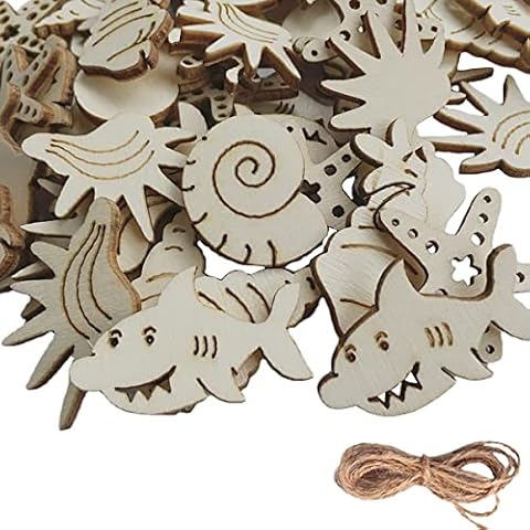 Jiamusi 100pcs Unfinished Wooden Sea Animal Life Cutouts,starfish, conch, shark Shapes Model for Home Decor Ornament,DIY Craft Project 100pcs 100pcs/set Cover