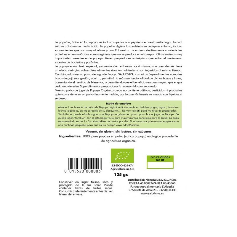 Papaya en Polvo Bio 125g | Salud Viva | Superalimento Ecológico | Rica en Enzimas Naturales | Ideal para Batidos, Yogures y Repostería Saludable