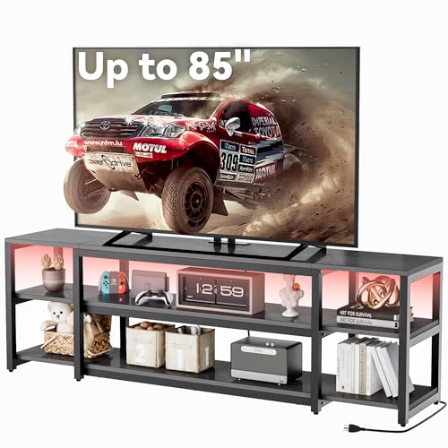 Image of Aquzee 85 inch TV Stand with LED Lights & Power Outlet, Entertainment Center for 70-75-80-85Inch TV, 75.2 inch Wide Wood Television Console Table for Living Room Bedroom Gaming Room, Black