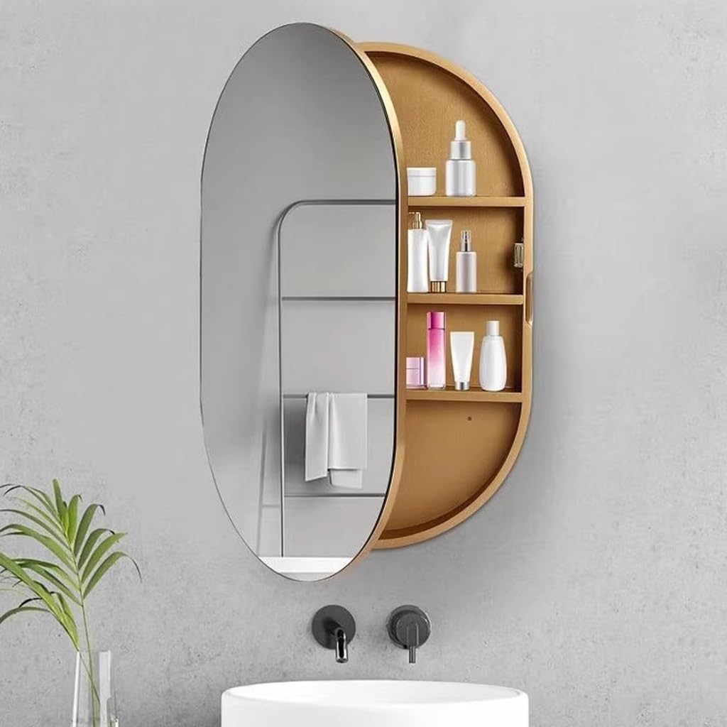 Espejo De Baño Ovalado Armario con Espejo De Pared para Baño Armario De Almacenaje con 3 Estantes Y Bisagras Amortiguadoras para Dormitorio, Salón Y Aseo(Gold,40 * 70cm)