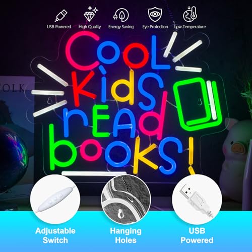 Image of Cool Kids Read Books Neon Sign Read Books and Be Kind Neon Signs for Wall Decor Book USB Dimmable LED Lights for Student Suitable for Classroom Bookstore Library Museum Study Room Gift for Teen Boys Girls Christmas