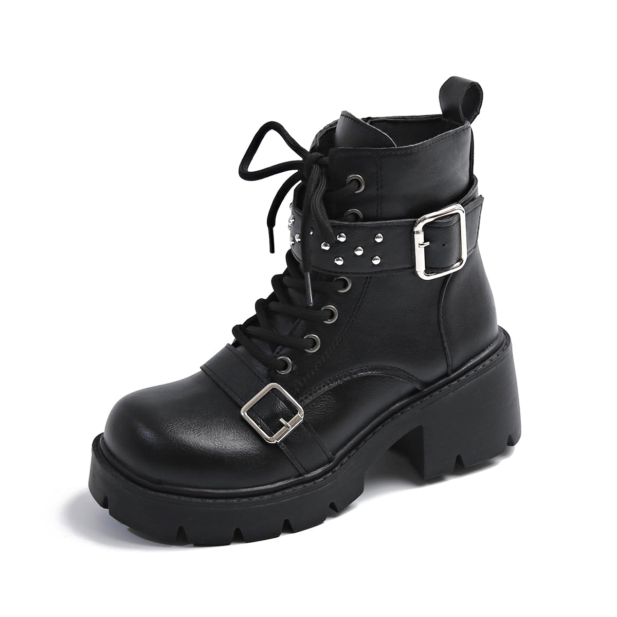 Womens Gothic Buckle Platform Ankle Boots Side Zipper Lace up Combat Boots Casual Low Heel Platform Booties Punk