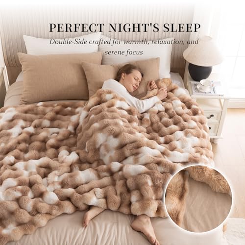 Cozy Faux Fur Throw Blanket for Couch-Warm Fuzzy Throw Blanket, Soft Plush Thick Bubble Blankets for Bedroom and Living Room, Furry Luxury Blanket, 50 x 60, Tie-Dye Brown