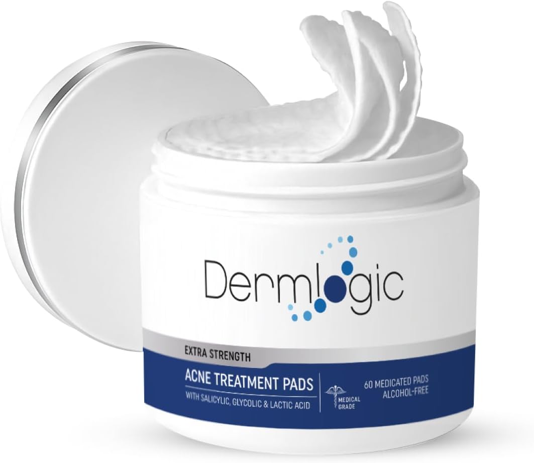 Acne Treatment Pads- Contains Salicylic, Glycolic, & Lactic Acid for Face & Body. Clears Away Clogged Pores, Oily Skin & Cystic Breakouts. Removes Dark Spots, Blackhead & Whitehead Pimples