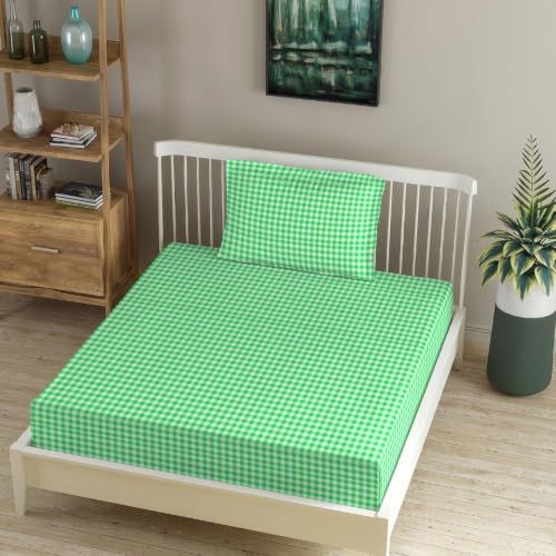Image of MORADO Glace Cotton Flat Bedsheet for Single Bed with Zipper Pillow Cover, Soft Breathable Comfortable Bedding Sheet for Bedroom Home Hotel Use 60x90 Inches,Yellow Floral,Green Check