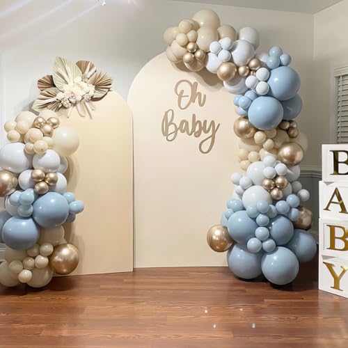 Image of Dusty Blue Balloons, Dusty Blue and Gold Balloons, Baby Shower Balloon Fog Cream Ivory White Champagne Gold Balloon for Boho Birthday Boys Girls Party Wedding Bridal Shower Decorations