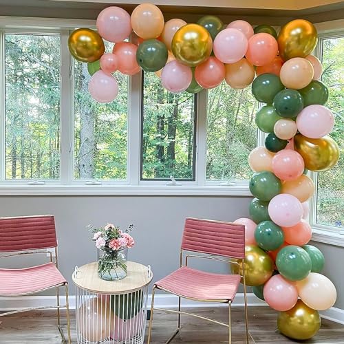 Image of Sage Green Dusty Pink Balloon, 60 Packs 12 Inch Retro Green and Pink Metallic Gold Balloons, Baby in Bloom Balloons for Girls Women Birthdays Baby Shower Floral Fairy Woodland Party Decoration