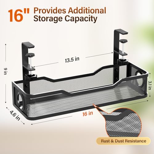 Image of [Upgraded] 2 Pack Under Desk Cable Management Tray, Cinati Cord Organizers for Table Thickness up to 3 inch, 16 inch Wire Organization with Clamp No Drill, Cable Management Box for Office - No Damage to Desk