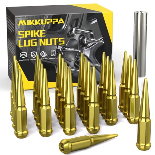 Image of MIKKUPPA M14 x 1.5 Gold Spike Lug Nuts - 24PCS Closed End Lug Nut Set, Compatible with 1999-2022 Chevrolet Silverado, 2001-2022 Chevrolet Tahoe& More，3 /4 inch Hex Spiked Lug Nut with 1 Socket Key