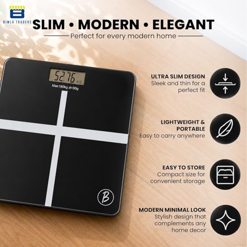 Image of Btag Premium Digital Body Weight Scale | 26x26 cm Wide Platform | Clear LCD Display | Anti-Skid Base | 180 kg Capacity Cross Design (Black)