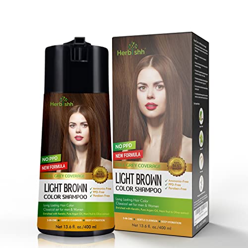 Image of Herbishh Hair Color Shampoo for Gray Hair - Enriched Color Shampoo Hair Dye Formula - 3 IN 1 Hair Dye Shampoo and Conditioner - Long Lasting & DIY (Light Brown)