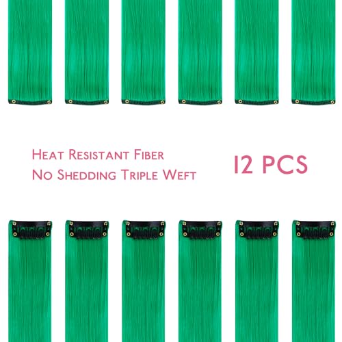 Image of WENNALIFE 12 PCS Green Hair Extensions Clip in, Colored Clip in Hair Extensions for Kids Highlights Rainbow Hair Clips for Girls Synthetic Straight Pop-up Style Colorful Festival Girl Hair Accessories