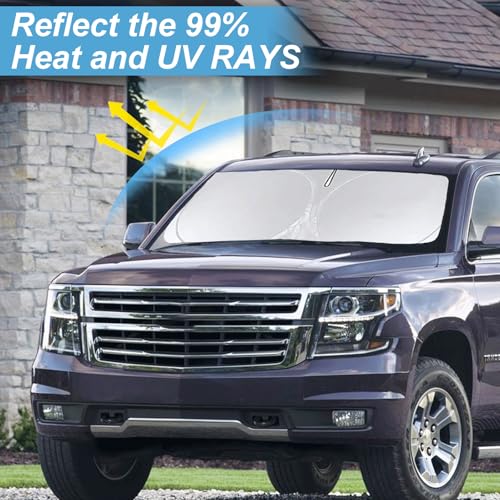 for Chevy Tahoe Windshield Sun Shade Foldable Sunshade-Custom Fit 2015-2020 Tahoe SUV Accessories for Chevrolet Windshield Cover 210T Reflective Front Window Protector Blocks UV Rays Sun Visor