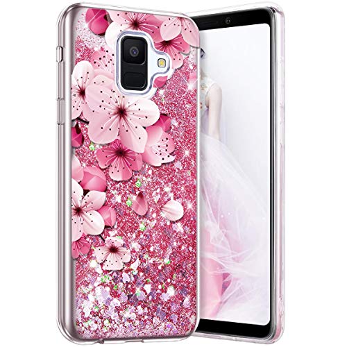 Robinsoni Case Compatible with Samsung Galaxy A6 2018 Phone Cover Flexible Galaxy A6 2018 Case Silicone TPU Case 3D Liquid Floating Cover Sparkle Bling Cover Shockproof Case Bumper Case Flower