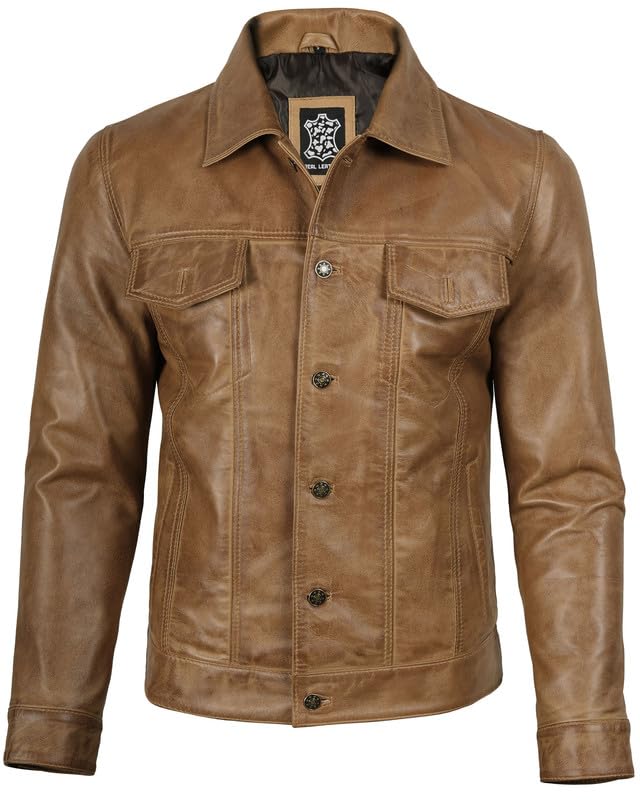 Image of Blingsoul Men's Leather Jacket - Real Full-Grain Lambskin Trucker Jacket for Men